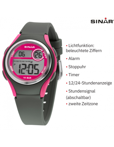 Sinar Uhr - Digital - Dunkelgrau/Rosa - 10 Bar wasserdicht - Ø 36 mm - Verstellbares Armband (13-18.5 cm) - XE-64-8
