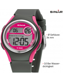 Sinar Uhr - Digital - Dunkelgrau/Rosa - 10 Bar wasserdicht - Ø 36 mm - Verstellbares Armband (13-18.5 cm) - XE-64-8