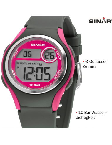Sinar Uhr - Digital - Dunkelgrau/Rosa - 10 Bar wasserdicht - Ø 36 mm - Verstellbares Armband (13-18.5 cm) - XE-64-8