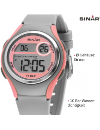 Sinar Uhr - Digital - Hellgrau/Rosa - 10 Bar wasserdicht - Ø 36 mm - Verstellbares Armband (13-18.5 cm) - XE-64-9