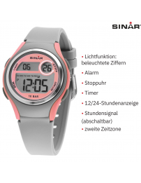 Sinar Uhr - Digital - Hellgrau/Rosa - 10 Bar wasserdicht - Ø 36 mm - Verstellbares Armband (13-18.5 cm) - XE-64-9