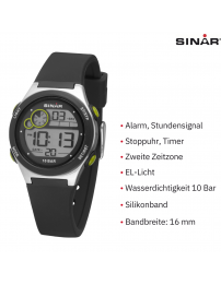 Sinar Armbanduhr - Easserdicht - Digital - Verstellbar (13.5-19 cm) - Schwarz/Silber XF-68-1