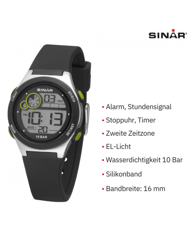 Sinar Armbanduhr - Easserdicht - Digital - Verstellbar (13.5-19 cm) - Schwarz/Silber XF-68-1