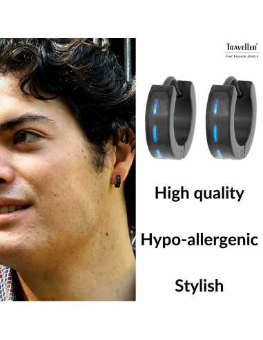 Traveller Hoop Earrings - Men - Stainless steel - Black - Carbon Blue - 181178