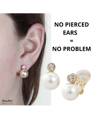 Traveller Clip-on Earrings - Pearl - 10 mm - White - Preciosa Crystals - 22ct Gold plated - 15x10 mm - 113881
