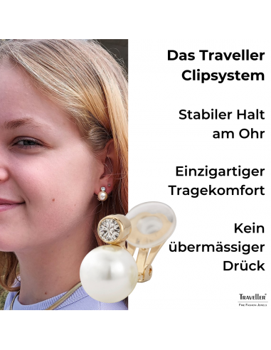 Traveller Ohrclips - Perle - Weiß - 10 mm - Preciosa Kristalle - 22kt vergoldet - Goldfarbe - 15x10 mm - 113881