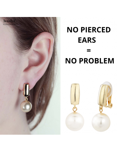 Traveller Clip-on Earrings - Pearl - Drop earring - 12 mm - Cream - 22ct Gold plated - 30x12 mm - 113718