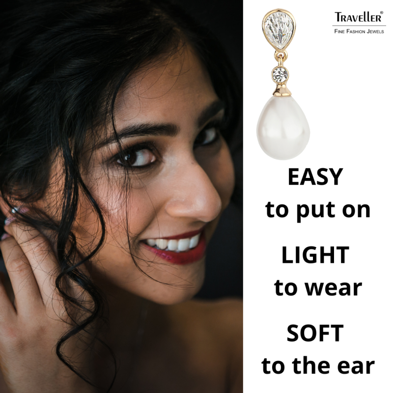Traveller Clip-on Earrings - Pearl Drops - 12x15 mm - White - Preciosa Crystals - 22ct Gold plated - 32x12 mm - 110679 Traveller Clip-on Earrings - Pearl Drops - 12x15 mm - White - Preciosa Crystals - 22ct Gold plated - 32x12 mm - 110679