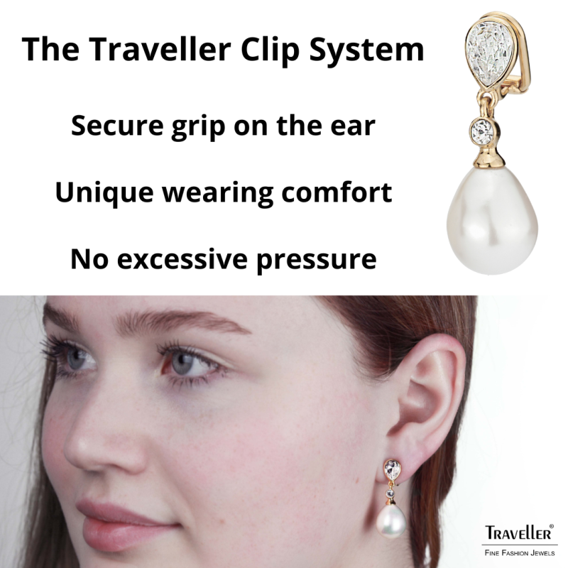 Traveller Clip-on Earrings - Pearl Drops - 12x15 mm - White - Preciosa Crystals - 22ct Gold plated - 32x12 mm - 110679 Traveller Clip-on Earrings - Pearl Drops - 12x15 mm - White - Preciosa Crystals - 22ct Gold plated - 32x12 mm - 110679