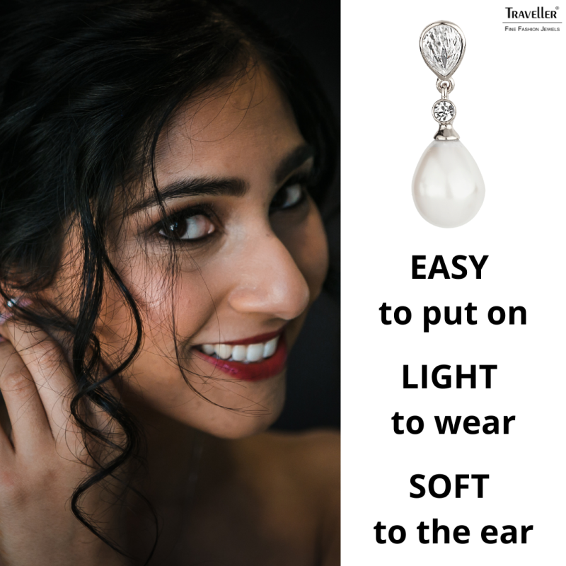 Traveller Clip-on Earrings - Pearl Drops - 15x12 mm - White - Preciosa Crystals - Platinum plated - 32x12 mm - 110680