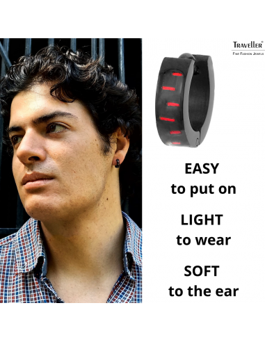 Traveller Hoop Earrings - Men - Stainless Steel - Black - Carbon Red - 10 mm - 181180