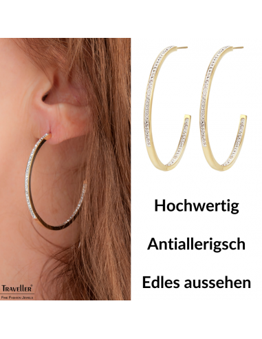 Traveller Creolen - Goldfarbe - Edelstahl - Preciosa Kristalle - Vergoldet - 40 mm - 182043