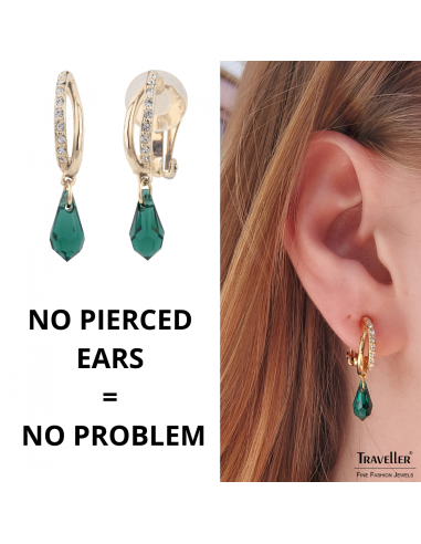 Traveller Drop Clip Earrings - God Plated - Crystals - Teardrop - Green - 30x5 mm - 157567
