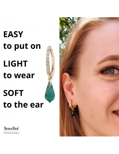Traveller Drop Clip Earrings - God Plated - Crystals - Teardrop - Green - 30x5 mm - 157567
