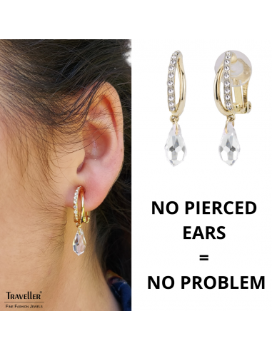 Traveller Clip-on Earrings - Teardrop - Gold coloured - Preciosa Crystals - Gold Plated - 30x5 mm - 157565