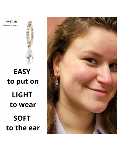 Traveller Clip-on Earrings - Teardrop - Gold coloured - Preciosa Crystals - Gold Plated - 30x5 mm - 157565