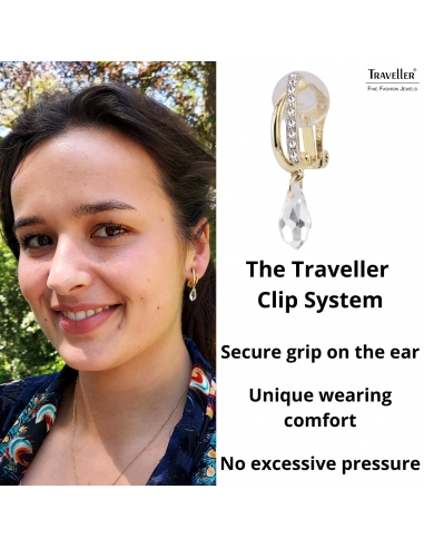 Traveller Clip-on Earrings - Teardrop - Gold coloured - Preciosa Crystals - Gold Plated - 30x5 mm - 157565