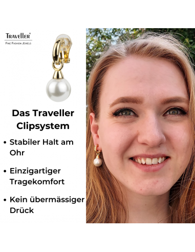 Traveller Ohrclips - Hänger - Goldfarbe - Perle - 14 mm - Weiß - 22kt vergoldet - 35x14 mm - 114242