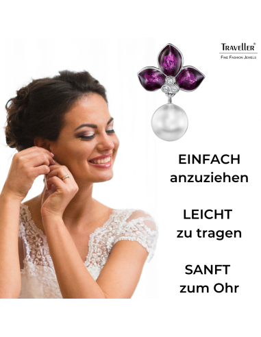 Traveller Ohrclip - Hänger - Platiniert - Perle - 10mm - Weiß - Kristalle - Email Violett - 26x18 mm - 114263