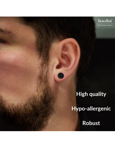 Traveller Stud Earrings - Men - Stainless Steel - Black PVD - Matt - Round - 8 mm - 181247