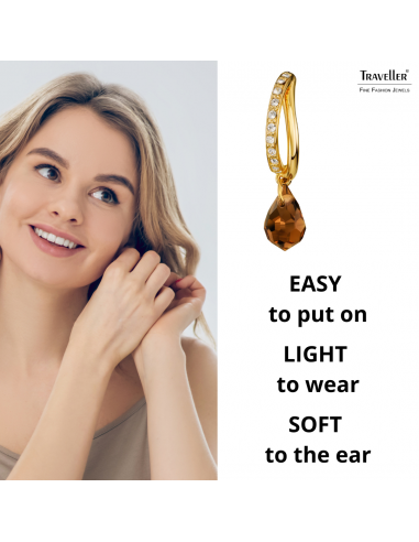 Traveller Clip-on Earrings - Drop Earring - Gold coloured - Crystals - Brown/ Topaz - Gold Plated - 30x5 mm - 157569