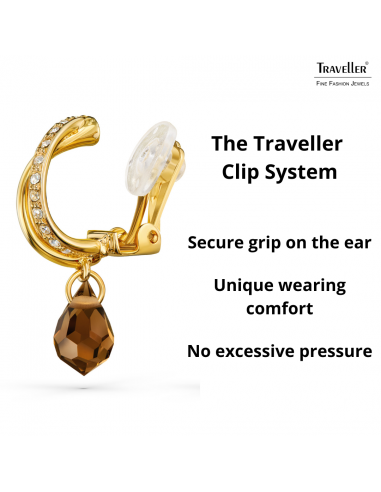 Traveller Clip-on Earrings - Drop Earring - Gold coloured - Crystals - Brown/ Topaz - Gold Plated - 30x5 mm - 157569