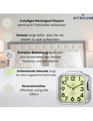 ATRIUM Wecker - Senioren - Analog - Silber - Deutlich - Einfache Bedienung - A530-18