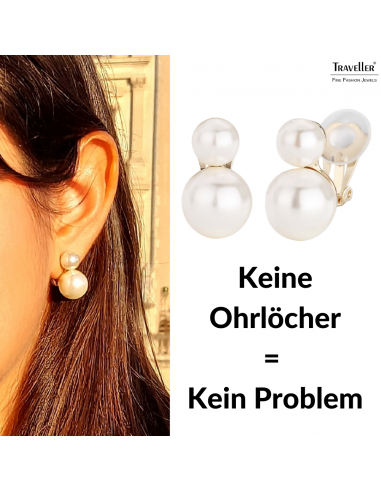 Traveller Ohrclips - Perle - 8 & 12 mm - Creme - Goldfarbe - 22kt Vergoldet - 20x12 mm - 113120