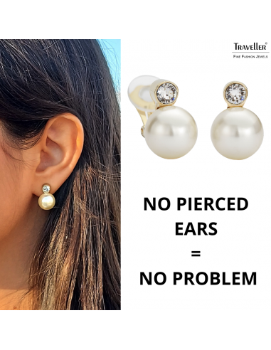 Traveller Clip-on Earrings - Pearls - 12 mm - Cream - Preciosa Crystals - 22ct Gold plated - 15x12 mm - 113486