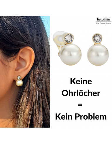 Traveller Ohrclips - Perle - 12 mm - Crème - Preciosa Kristalle - 22kt Vergoldet - Goldfarbe - 15x12 mm - 113486