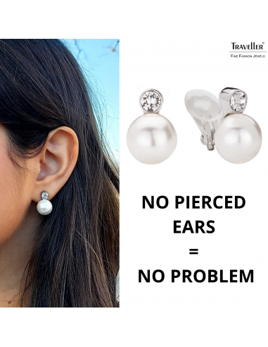 Traveller Clip-on Earring - Pearls - 12 mm - White - Preciosa Crystals - Platinum plated - 15x12 mm - 113487