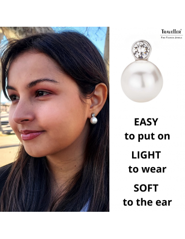 Traveller Clip-on Earring - Pearls - 12 mm - White - Preciosa Crystals - Platinum plated - 15x12 mm - 113487