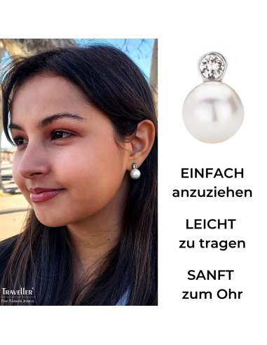 Traveller Ohrclips - Perle - 12 mm - Weiß - Preciosa Kristalle - Platiniert - Silberfarbe - 15x12 mm - 113487