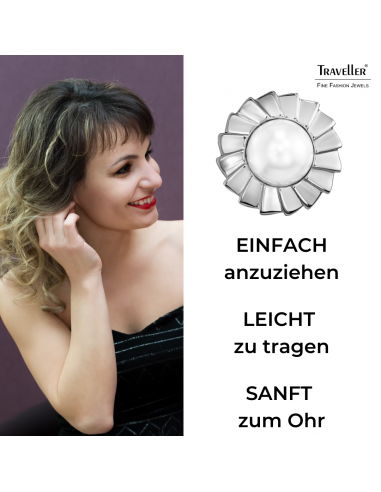 Traveller Ohrclips - Silberfarben - Perle - 10 mm - Weiß - Platiniert - Blume - 19 mm - 114270