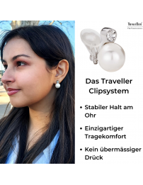 Traveller Ohrclips - Perle - 12 mm - Weiß - Preciosa Kristalle - Platiniert - Silberfarbe - 15x12 mm - 113487