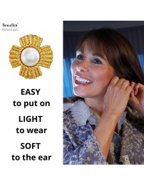 Traveller Clip-on Earrings - Gold Coloured - Pearls - 10 mm - White - Gold Plated - Flower - 23 mm - 114276