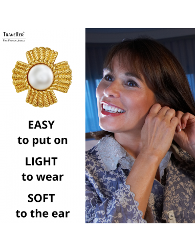Traveller Clip-on Earrings - Gold Coloured - Pearls - 10 mm - White - Gold Plated - Flower - 23 mm - 114276