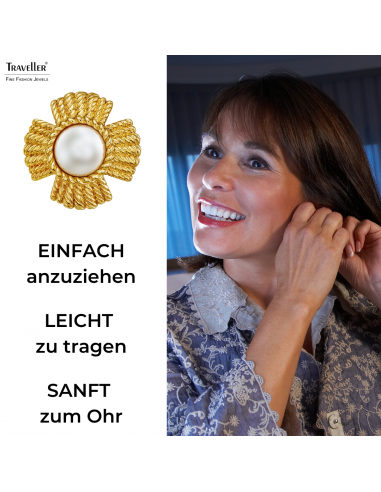Traveller Ohrclips - Goldfarbe - Perle - 10 mm - Weiss - Vergoldet - Blume - 23 mm - 114276