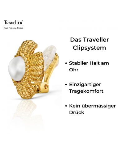 Traveller Ohrclips - Goldfarbe - Perle - 10 mm - Weiss - Vergoldet - Blume - 23 mm - 114276