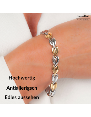 Traveller Armband - Edelstahl - Goldfarbe & Silberfarbe - Bicolor - 19 cm - Herzen - 180911