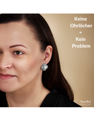 Traveller Ohrclips - Silberfarbe - Perle - 10 mm - Weiss - Platiniert - Blume - 23 mm - 114277