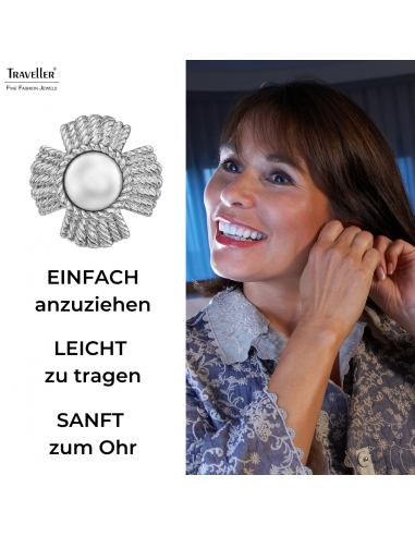 Traveller Ohrclips - Silberfarbe - Perle - 10 mm - Weiss - Platiniert - Blume - 23 mm - 114277
