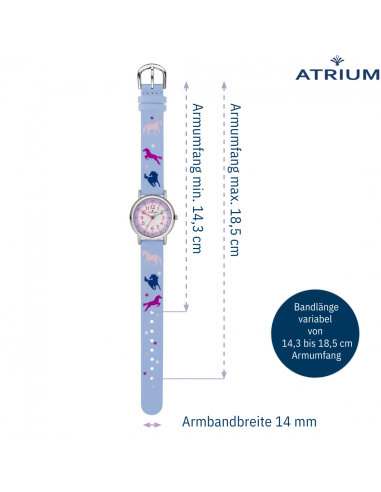 Atrium Uhr - Kinder - Mädchen - Lila - Kristallsteine - Analog - 3 Bar - Pferde - Lernzifferblatt - A47-12