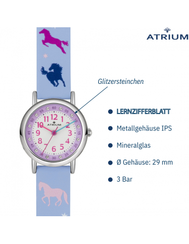 Atrium Uhr - Kinder - Mädchen - Lila - Kristallsteine - Analog - 3 Bar - Pferde - Lernzifferblatt - A47-12