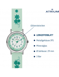 Atrium Uhr - Kinder - Mädchen - Mintgrün - Kristallsteine - Analog - 3 Bar - Grüne Blumen - Lernzifferblatt - A47-13