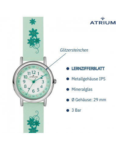 Atrium Uhr - Kinder - Mädchen - Mintgrün - Kristallsteine - Analog - 3 Bar - Grüne Blumen - Lernzifferblatt - A47-13