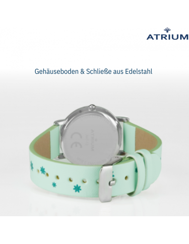 Atrium Uhr - Kinder - Mädchen - Mintgrün - Kristallsteine - Analog - 3 Bar - Grüne Blumen - Lernzifferblatt - A47-13