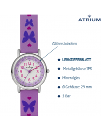 Atrium Kinderuhr – Mädchen – Lila – Kristallsteine – Analog – 3 bar – Schmetterlinge – Lernzifferblatt