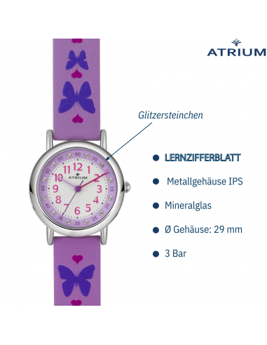 Atrium Kinderuhr – Mädchen – Lila – Kristallsteine – Analog – 3 bar – Schmetterlinge – Lernzifferblatt