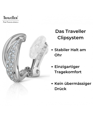 Traveller Ohrclips - Silberfarbe - Preciosa Kristalle - Platiniert - 21x9 mm - 157684